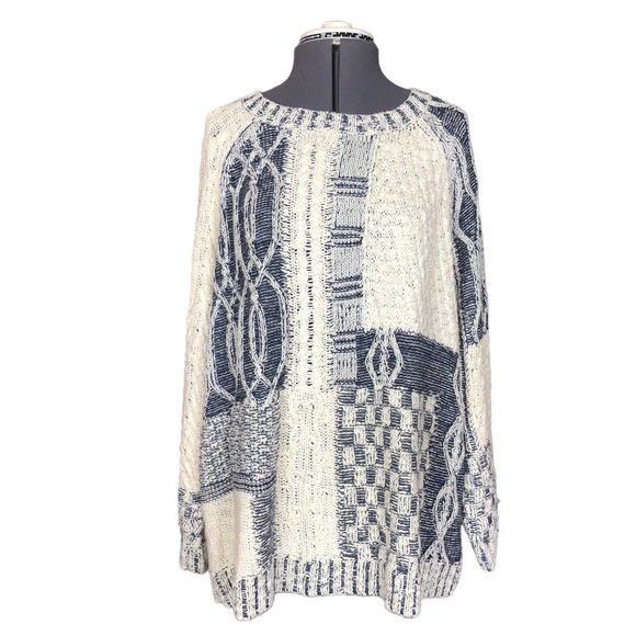 Chaps Sweaters - Chaps slouchy blue white mixed texture cable-knit crew neck cotton sweater (2X)